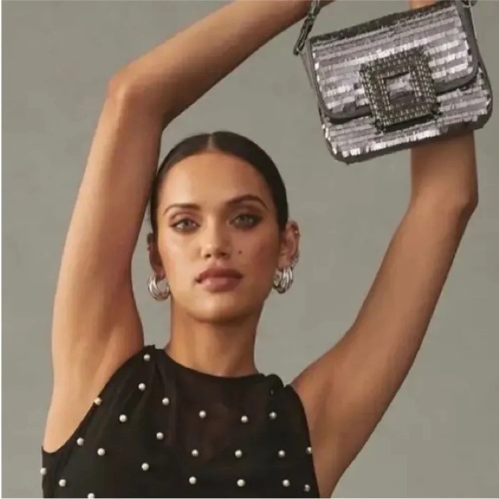 BIBI LOU Anthropologie Silver & Black Sequin Shoulder Bag
